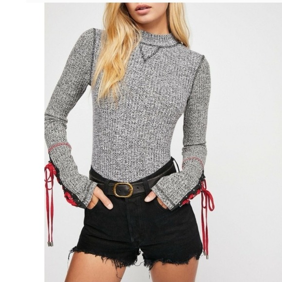 Free People Tops - Free People Gray Ribbed Knit Top With Red Lace Up Detail Sleeves rare